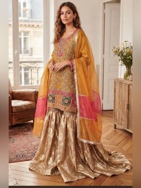 NWOT Pakistani 3-Piece Mustard & Gold Mehndi Suit, Heavy Sequin Embroidered